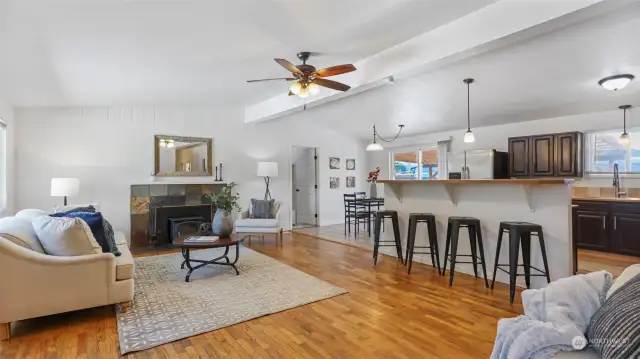 Enjoy open sight lines to the kitchen with bar seating, great for entertaining.