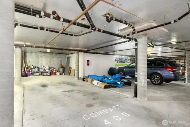 two side by side full parking spots in a secure garage