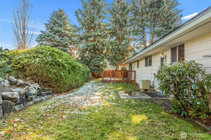 More back yard with rock gardens and big sade trees