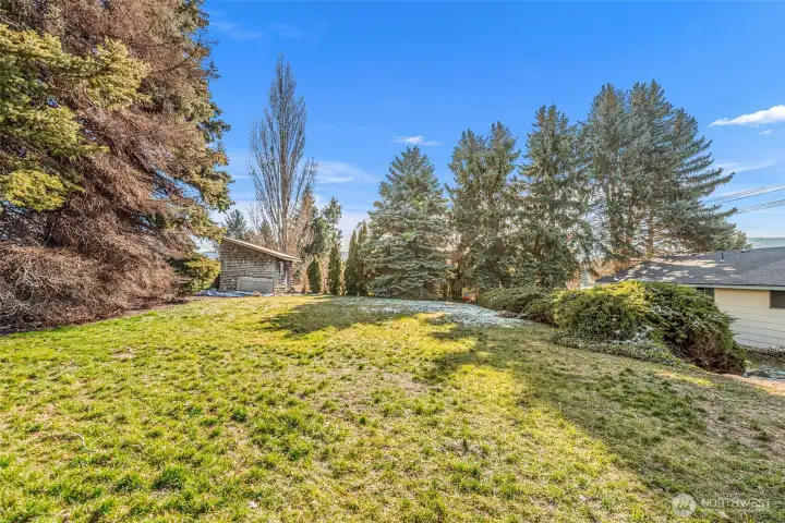 Upper level yard with garden shed or play house!