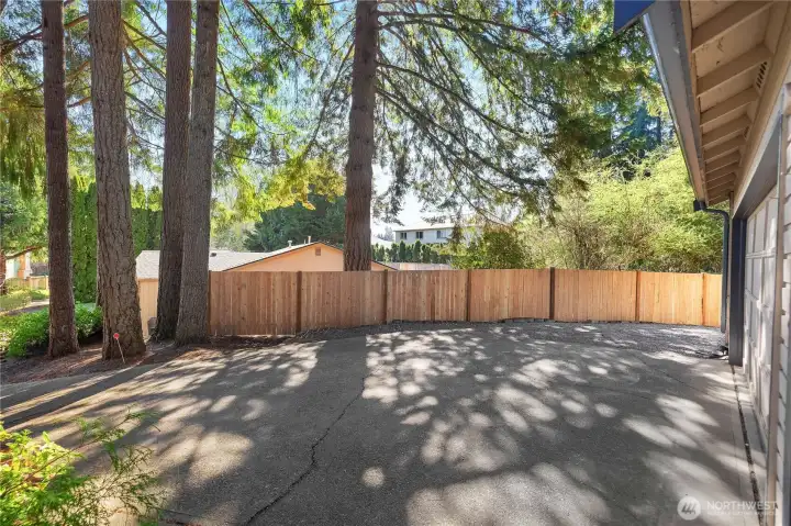 Ample off-street parking framed by mature evergreens and new fencing.