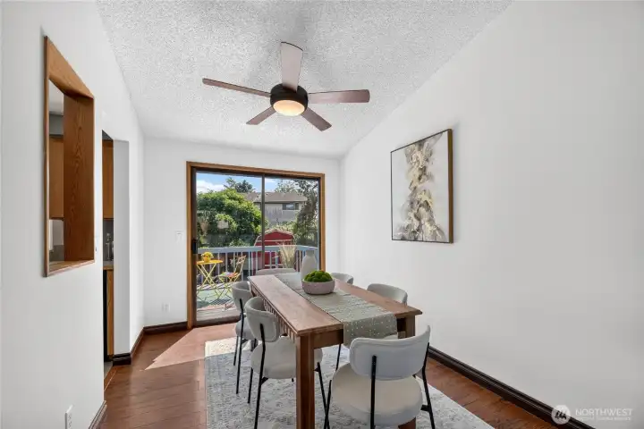 The dining room also has plenty of natural light and a nice ceiling fan for comfort on the warmer days.