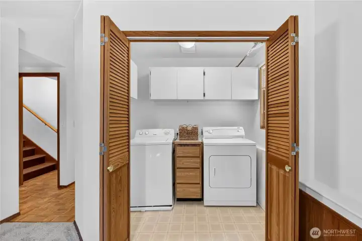 Laundry room has lots of cabinetry .