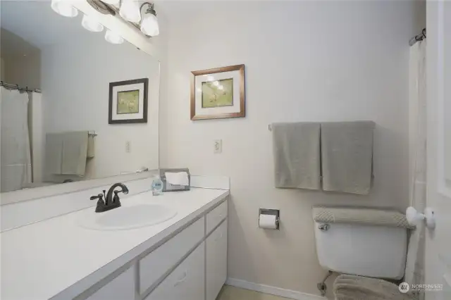 Main guest bathroom featuring a full suite of amenities.