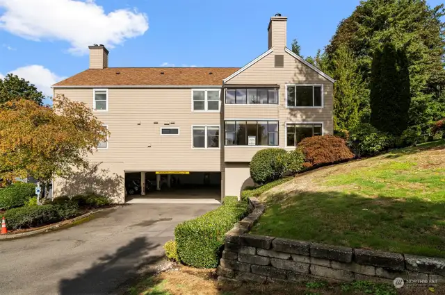 View of the Garage Entrance.  Providence Point is a gated 55+ community in Issaquah.