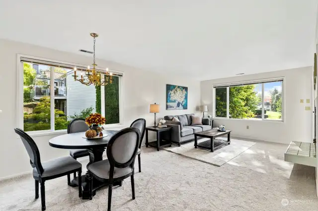 Spacious Living and Dining area with Fireplace and Large Windows to let in the Natural Light.