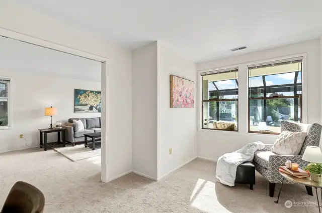 Office area can be customized to your needs. Use as office or guest room. Lots of natural light flows in from the sun room.