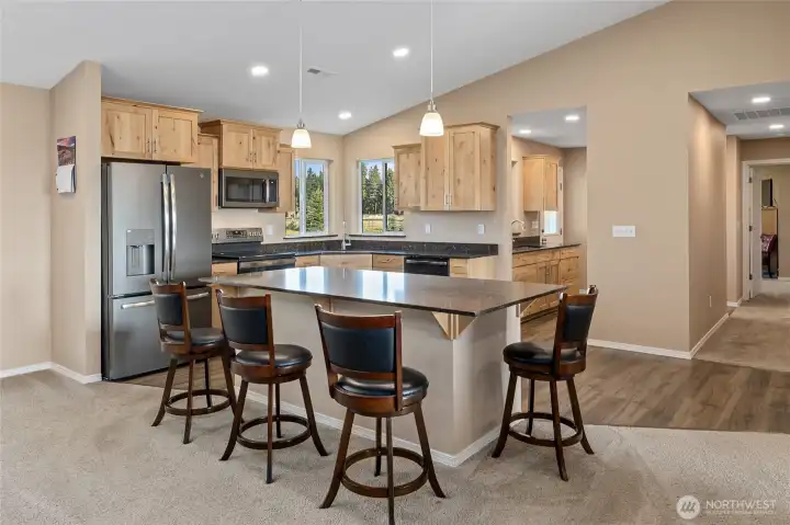 Big island with lots of seating, quartz counters!