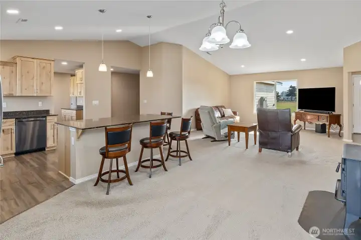 Vaulted great room with living space open to the kitchen.