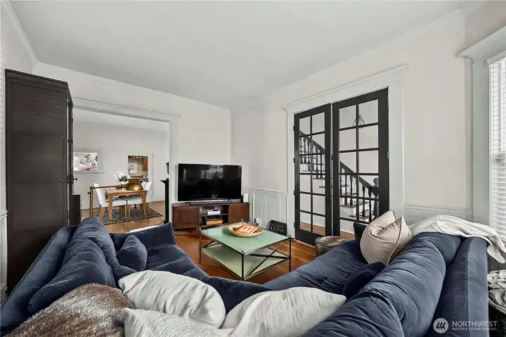 Living room flows into dining room