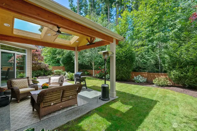 Magnificent, serene and private backyard with an extraordinary year-round covered patio with skylights!