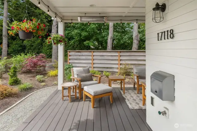 Spacious patio with outdoor heater