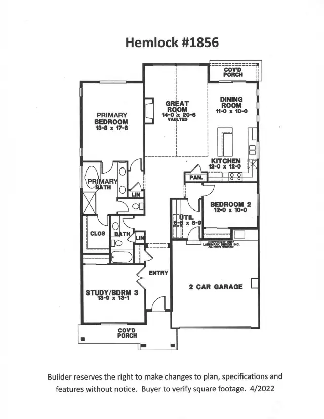 Builder reserves the right to make changes to plan, specifications, and floorplan without notice. Buyer to verify square footage