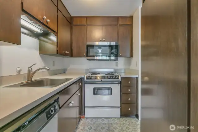 Tidy kitchen with like new, vintage range.