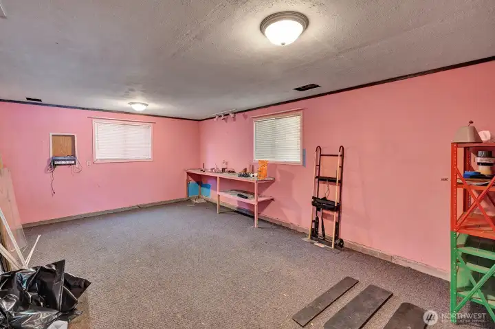 Large shed/ shop room. Yes- it has pink walls and carpeted floor. Sheet rocked for heating factor.