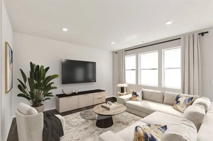 Multiple windows in family room brings in tons of natural light. Pictures are for representation only colors and options may vary.