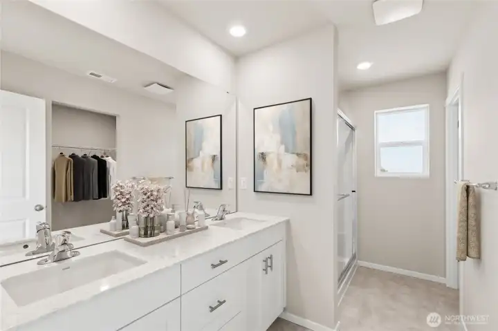 Primary bathroom with walk in closet! Pictures are for representation only colors and options may vary.