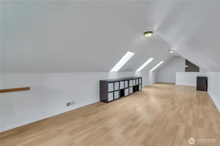 Bonus room above the garage featuring skylights that fill the space with natural light, creating a bright and airy setting perfect for play, work, or relaxation.