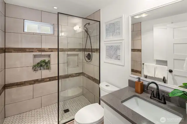 Beautifully remodeled main floor bathroom with extra large shower!