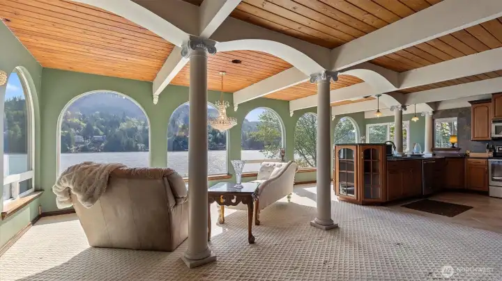 Gourmet kitchen and sitting area with gorgeous lake views