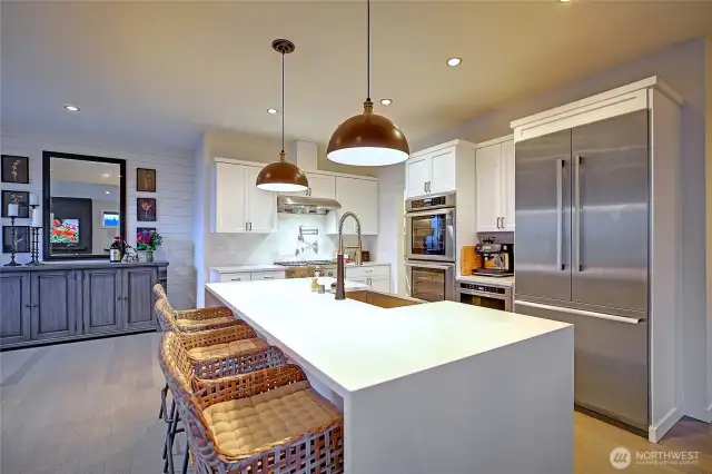 Gourmet Kitchen w/ Waterfall Slabs, Tile, Steel all in Perfect Harmony~