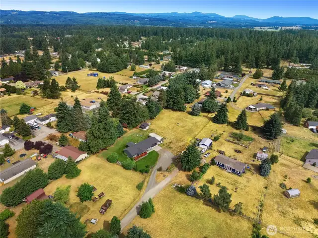 A scenic bird’s-eye view of a well-spaced neighborhood surrounded by the natural beauty this property offers.