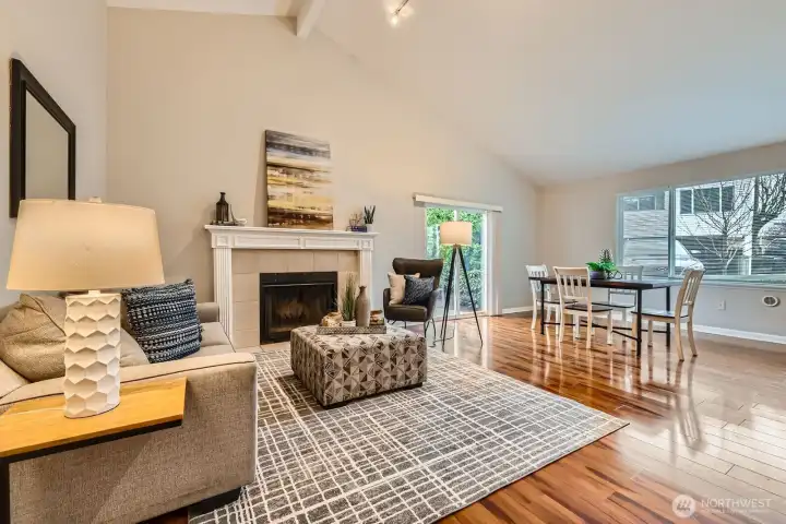 Living room with wood burning fireplace