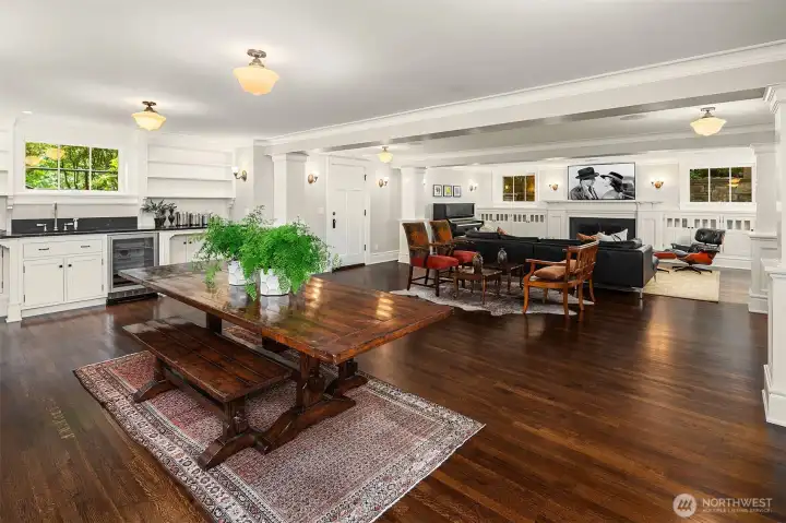 Great room located in the fully finished 2080sf lower level. 8'5" ceilings with period finishes to echo the theme of the home.