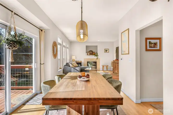 Looking from kitchen to dining and living room