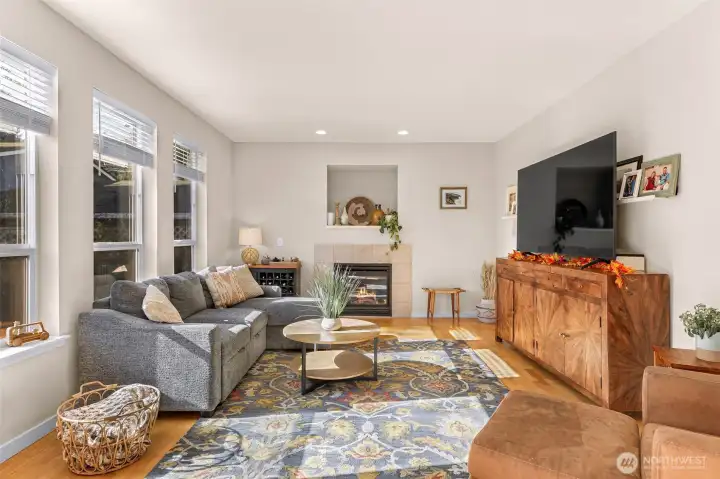 Living room with cozy fireplace