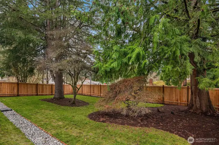 Fully fenced yard with mature landscaping.