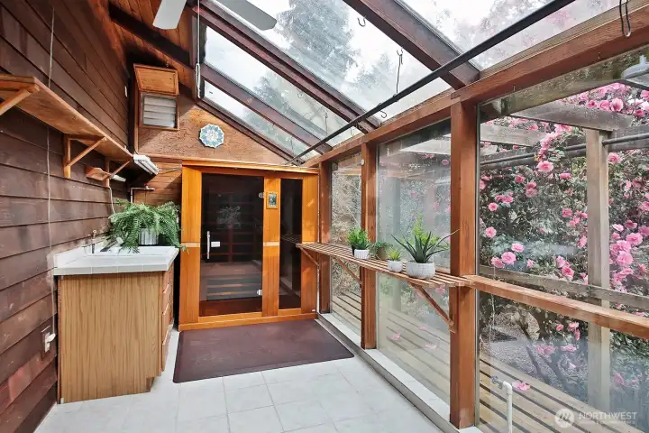 After a day of tinkering in the shops or gardening enjoy the sauna tucked away in the plant room. The plant room also has a sink and ventilation for warm summer days. It's been the ideal space for plant starts.