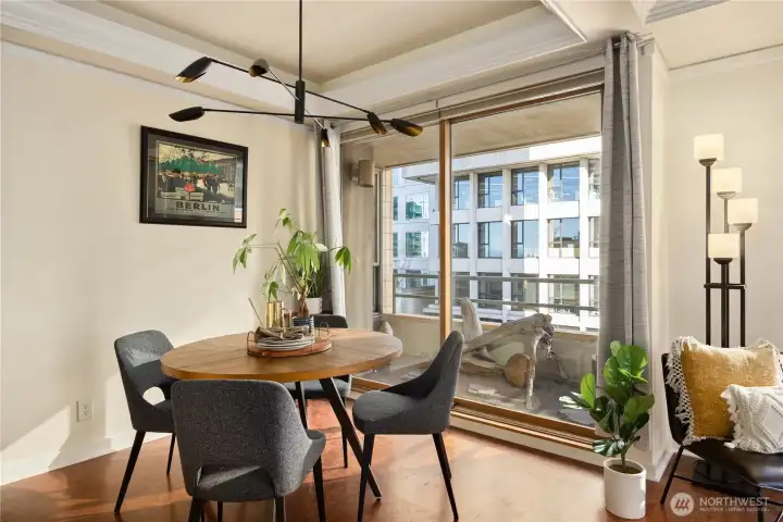 Updated fixtures, coved ceilings and cork flooring throughout