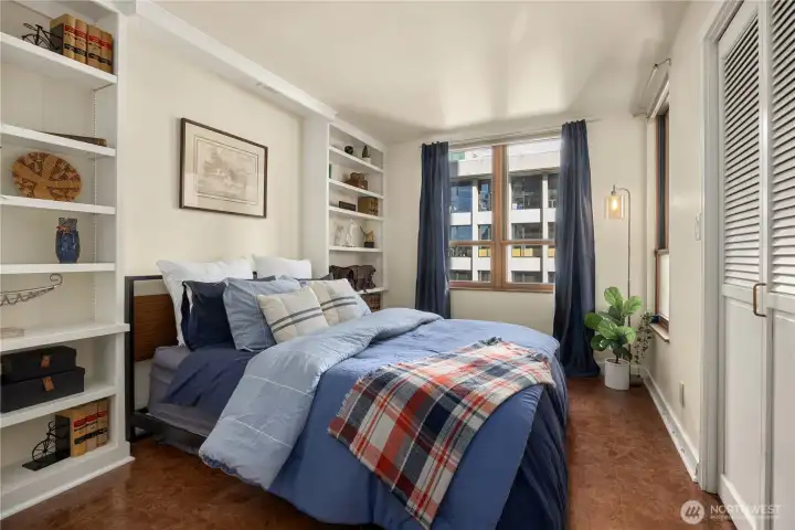 Custom built ins, amply storage, light and bright