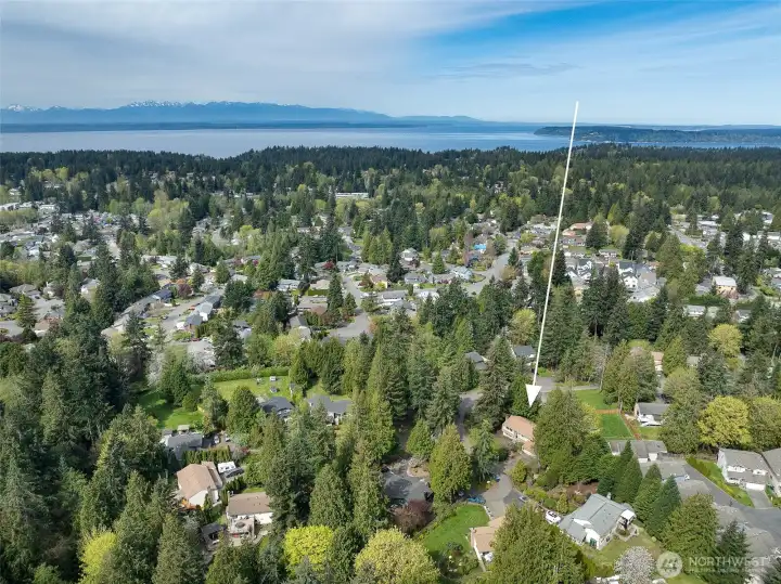Aerial view looking NW. Puget Sound, Whidbey Island, and the Olympic Mountains are in the distance