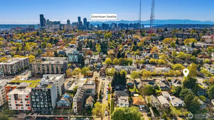 Aerial view facing West showcasing close proximity to Downtown Seattle.