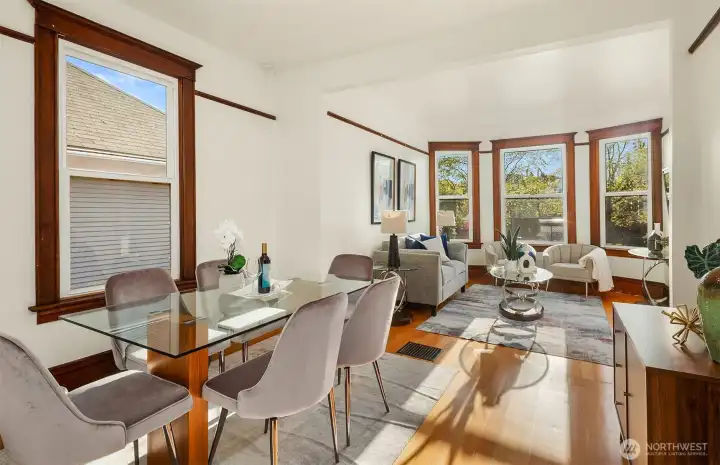 Seamless flow between dining and living room.