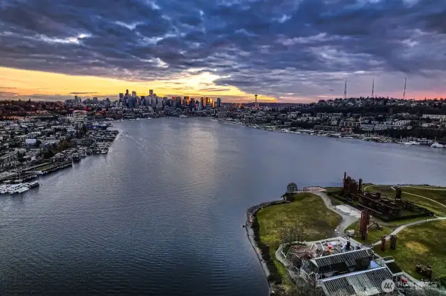 View towards the Seattle City skyline and gas Works Park.