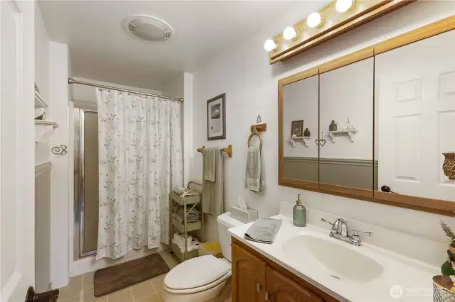 An oversized shower is appreciated in this nice back hall bathroom.
