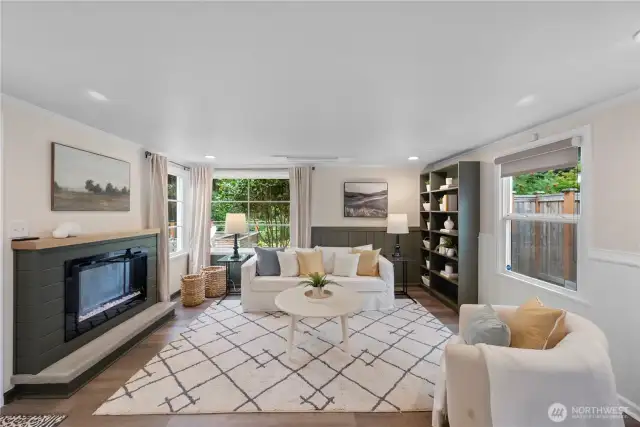 Living Room with electric fireplace.