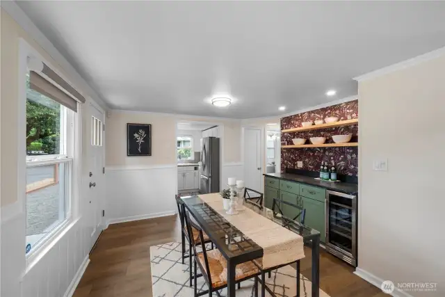 Dining Room with built in hutch and wine fridge.
