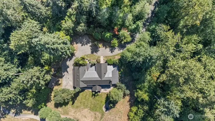 Smart-home design with expansive floor-to-ceiling windows, integrated sprinkler system, whole-house vacuum, and standby generator for uninterrupted comfort. High-end metal roof adds both architectural distinction and long-term durability. Serene, tree-lined drive winds through a natural canopy, offering a peaceful journey to the home’s front entrance.