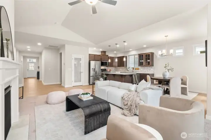 Spacious open concept living area that integrates kitchen & dining for living and entertaining.