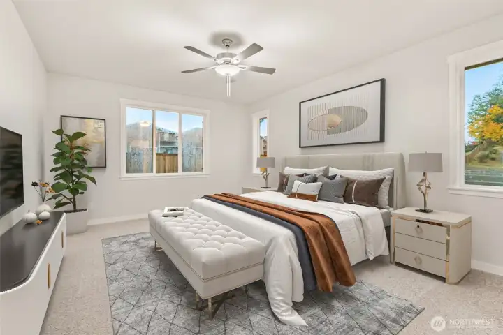 Virtually staged relaxing primary bedroom.