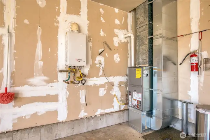 Tankless propane hotwater heater. No cold showers in this home!