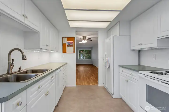 Beautifully updated Kitchen looking towards the living and dining area.