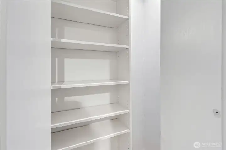 Primary closet with storage.