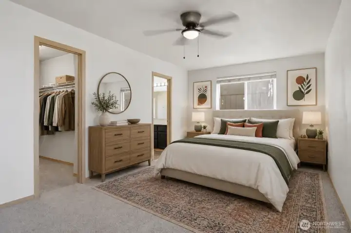 Virtally staged primary bedroom