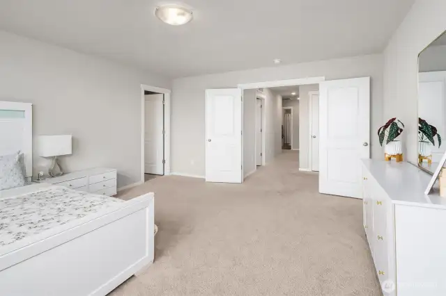 Double entry doors coming into the Primary Bedroom Suite. Bathroom doors to the left side.