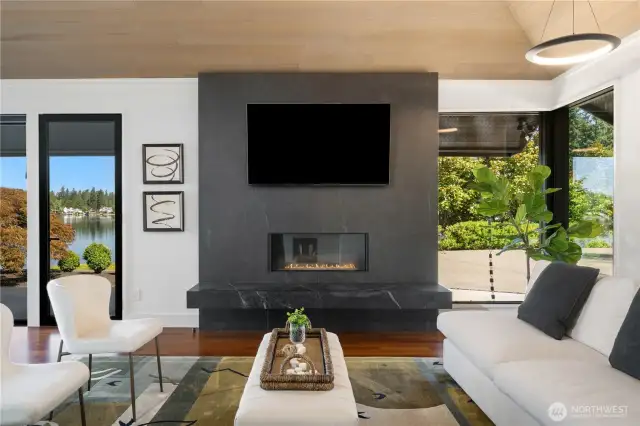 The inside is equally impressive! One of the 4 fireplaces in this home, slathered in slabs of Dekton. This is the living room just off the entrance.